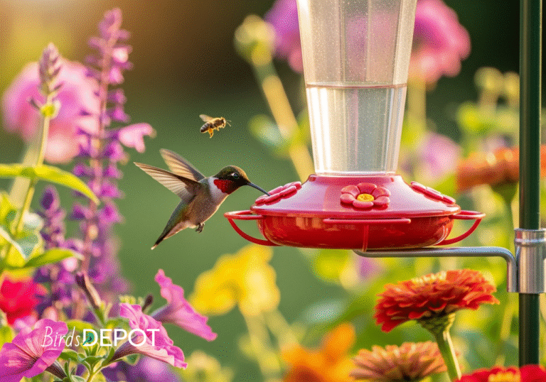 A hummingbird drinks from a red bee-proof garden feeder.