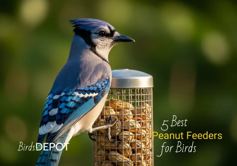A vibrant blue jay eating from a mesh peanut feeder.