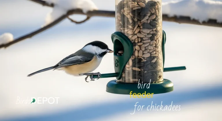 A Black-capped Chickadee eats from a tube bird feeder.