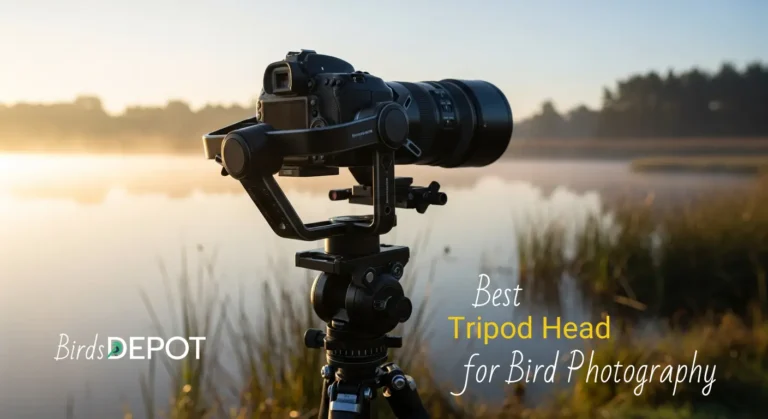 A camera on a gimbal tripod head in a misty wetland.