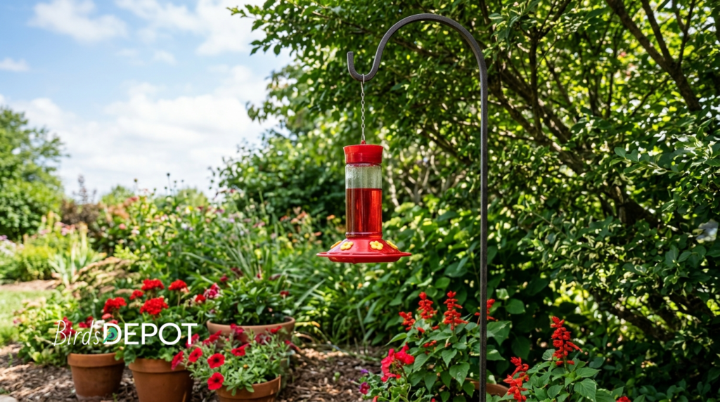 Hummingbird feeder hanging at ideal height on a shepherd's hook in partial shade in a backyard garden