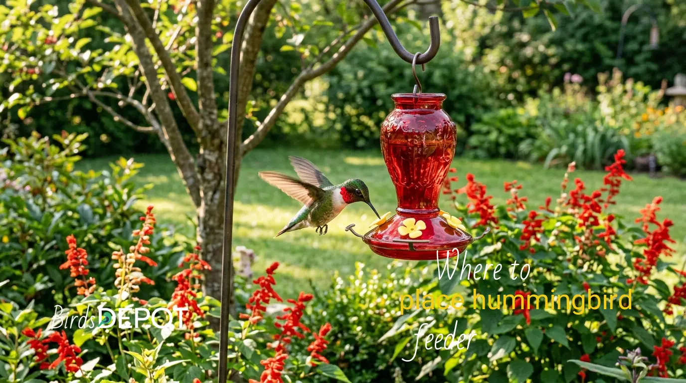 Ruby-throated hummingbird feeding at a red nectar feeder placed in a shaded backyard garden