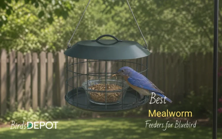 Bluebird feeding from mealworm feeder in backyard garden