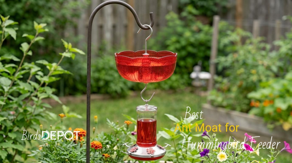 Ant moat for hummingbird feeder hanging between hook and red nectar feeder in backyard garden setting
