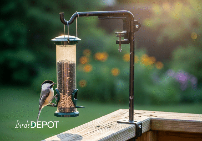 A black metal clamp-on pole system deck bird feeder