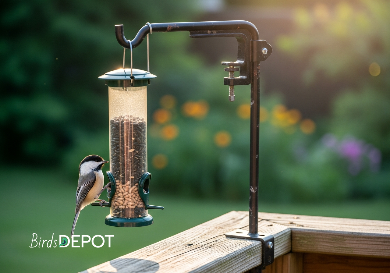 A black metal clamp-on pole system deck bird feeder