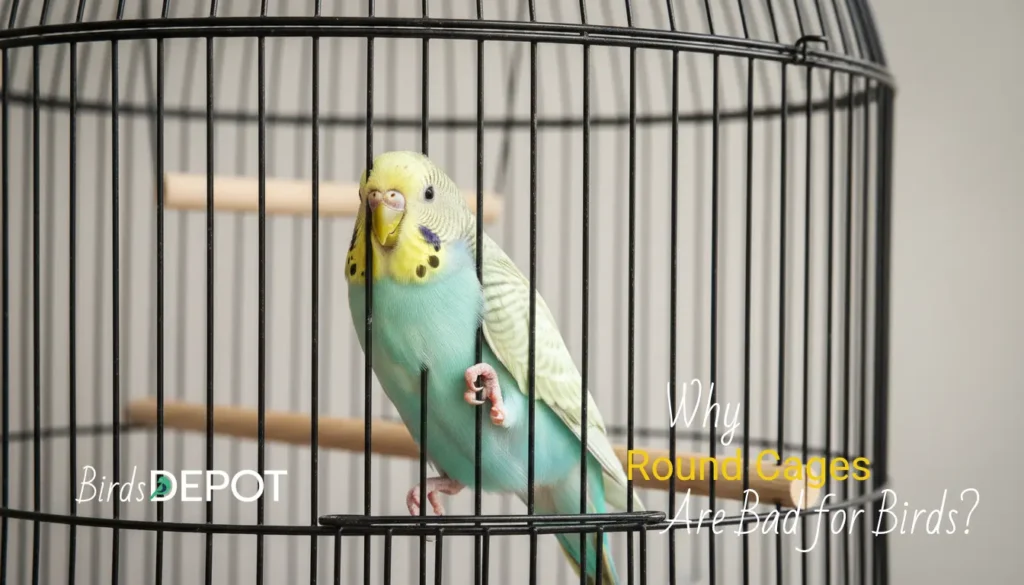 A small parakeet looking anxious inside a round cage.