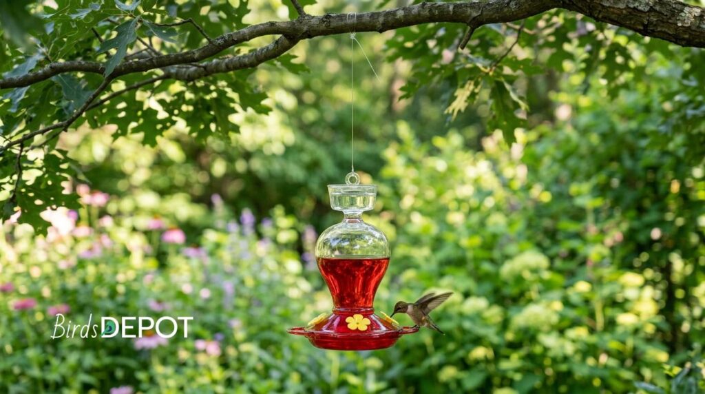 Hummingbird feeder hanging from fishing line to prevent ants from climbing down to reach nectar