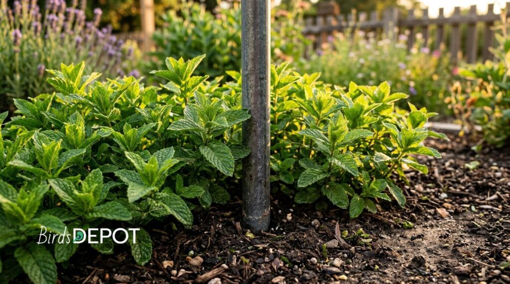 Mint plants around hummingbird feeder pole base as natural ant repellent barrier