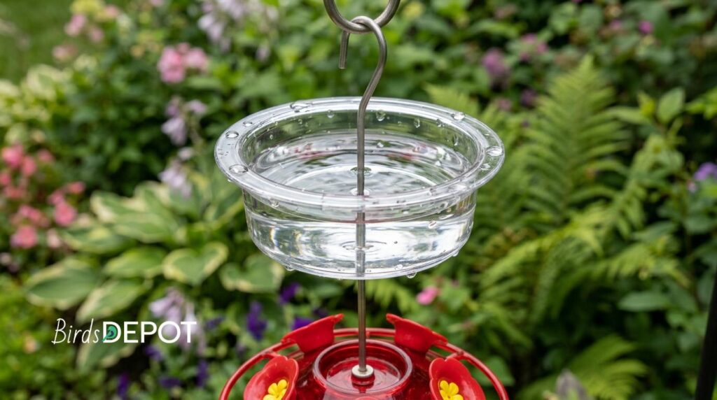 Ant moat water barrier on hummingbird feeder preventing ants from reaching nectar
