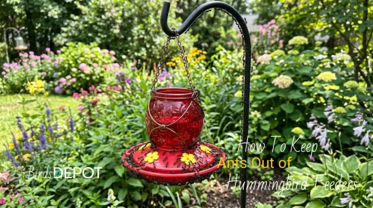 Ants swarming hummingbird feeder in backyard garden showing common ant infestation problem