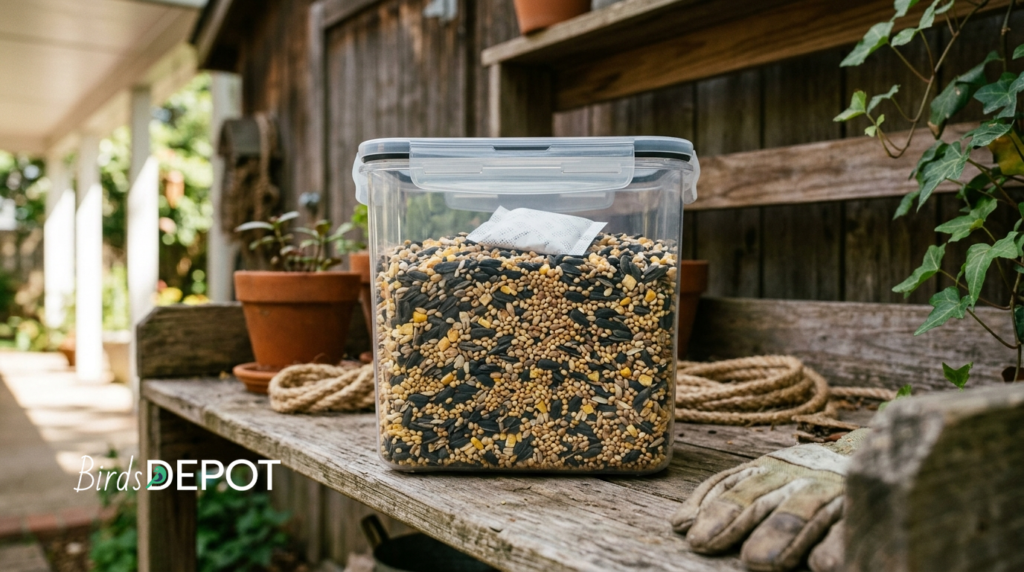 Airtight container storing fresh dry bird seed properly to extend shelf life