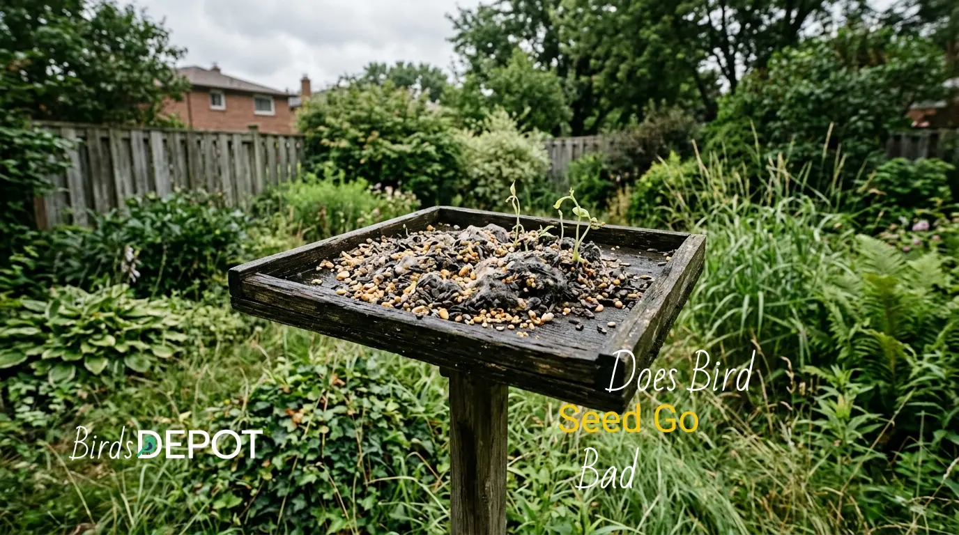 Bird feeder filled with clumped moldy bird seed gone bad in a backyard garden
