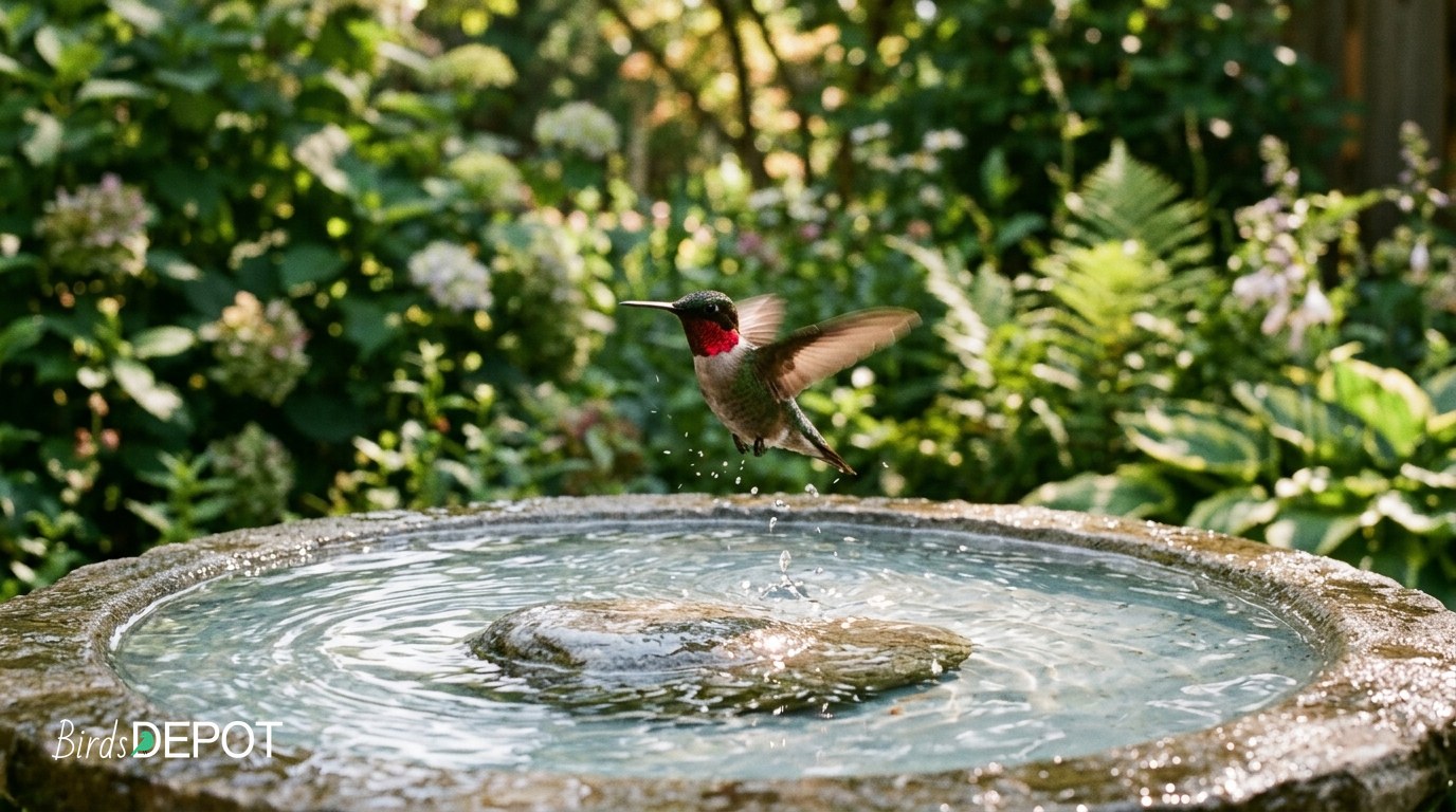 Hummingbird hovering over a shallow bird bath with rippling water in a garden setting